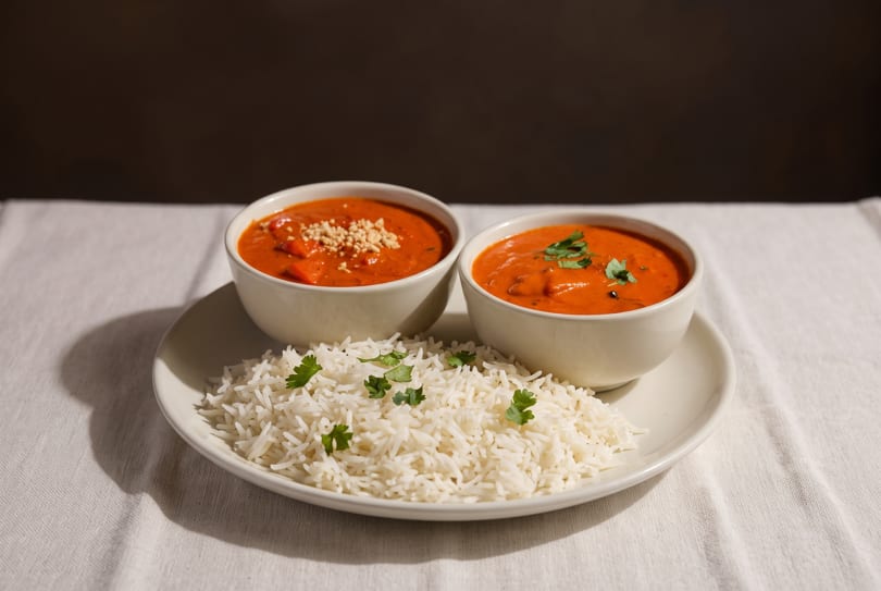 Two bowls of orange curry, one with peanuts, one with cilantro, and a plate of white rice.